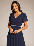 A-Line Chiffon Empire-Waist Pleated Formal Evening Dress with Short Sleeves