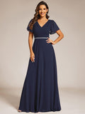 A-Line Chiffon Empire-Waist Pleated Formal Evening Dress with Short Sleeves