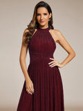 A-Line Empire-Waist Halter Neck Pleated Sleeveless Glitter Formal Evening Dress