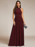 A-Line Empire-Waist Halter Neck Pleated Sleeveless Glitter Formal Evening Dress
