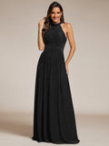 A-Line Empire-Waist Halter Neck Pleated Sleeveless Glitter Formal Evening Dress