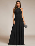 A-Line Empire-Waist Halter Neck Pleated Sleeveless Glitter Formal Evening Dress