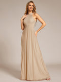 A-Line Empire-Waist Halter Neck Pleated Sleeveless Glitter Formal Evening Dress