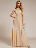 A-Line Empire-Waist Halter Neck Pleated Sleeveless Glitter Formal Evening Dress