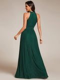 A-Line Empire-Waist Halter Neck Pleated Sleeveless Glitter Formal Evening Dress