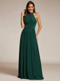 A-Line Empire-Waist Halter Neck Pleated Sleeveless Glitter Formal Evening Dress