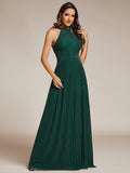 A-Line Empire-Waist Halter Neck Pleated Sleeveless Glitter Formal Evening Dress