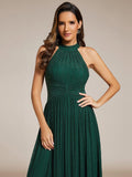 A-Line Empire-Waist Halter Neck Pleated Sleeveless Glitter Formal Evening Dress
