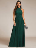 A-Line Empire-Waist Halter Neck Pleated Sleeveless Glitter Formal Evening Dress