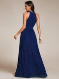 A-Line Empire-Waist Halter Neck Pleated Sleeveless Glitter Formal Evening Dress