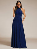 A-Line Empire-Waist Halter Neck Pleated Sleeveless Glitter Formal Evening Dress