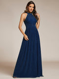 A-Line Empire-Waist Halter Neck Pleated Sleeveless Glitter Formal Evening Dress