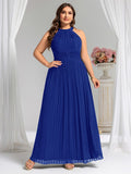 A-Line Empire-Waist Halter Neck Pleated Sleeveless Glitter Formal Evening Dress