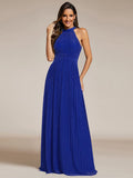 A-Line Empire-Waist Halter Neck Pleated Sleeveless Glitter Formal Evening Dress