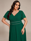 Plus Size A-Line V-Neck Empire-Waist Short Sleeve Chiffon Formal Evening Dress
