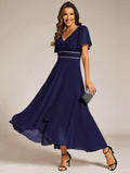 A-Line V-Neck Empire-Waist Short Sleeves Chiffon Mother of the Bride Dress