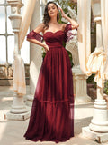 Sweetheart Off-Shoulder Layered Tulle Pleated Bridesmaid Dress