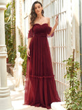 Sweetheart Off-Shoulder Layered Tulle Pleated Bridesmaid Dress