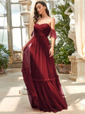 Sweetheart Off-Shoulder Layered Tulle Pleated Bridesmaid Dress