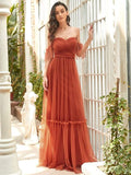 Sweetheart Off-Shoulder Layered Tulle Pleated Bridesmaid Dress