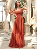 Sweetheart Off-Shoulder Layered Tulle Pleated Bridesmaid Dress