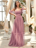 Sweetheart Off-Shoulder Layered Tulle Pleated Bridesmaid Dress