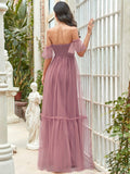 Sweetheart Off-Shoulder Layered Tulle Pleated Bridesmaid Dress