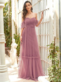 Sweetheart Off-Shoulder Layered Tulle Pleated Bridesmaid Dress
