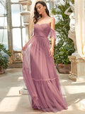 Sweetheart Off-Shoulder Layered Tulle Pleated Bridesmaid Dress