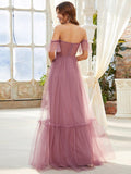 Sweetheart Off-Shoulder Layered Tulle Pleated Bridesmaid Dress