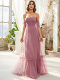 Sweetheart Off-Shoulder Layered Tulle Pleated Bridesmaid Dress