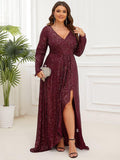 Plus Size A-Line Sequined V-Neck Long Sleeve Evening Dress with Slit