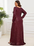 Plus Size A-Line Sequined V-Neck Long Sleeve Evening Dress with Slit