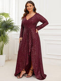 Plus Size A-Line Sequined V-Neck Long Sleeve Evening Dress with Slit