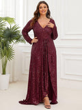 Plus Size A-Line Sequined V-Neck Long Sleeve Evening Dress with Slit