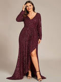 A-Line Sequined V-Neck Long Sleeves Evening Dress with Slit