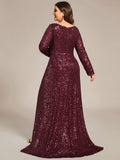 A-Line Sequined V-Neck Long Sleeves Evening Dress with Slit