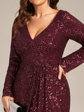 A-Line Sequined V-Neck Long Sleeves Evening Dress with Slit