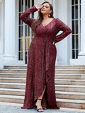 Plus Size A-Line Sequined V-Neck Long Sleeve Evening Dress with Slit