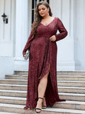 Plus Size A-Line Sequined V-Neck Long Sleeve Evening Dress with Slit