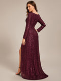 A-Line Sequined V-Neck Long Sleeves Evening Dress with Slit