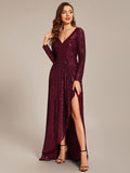 A-Line Sequined V-Neck Long Sleeves Evening Dress with Slit
