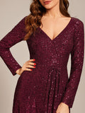 A-Line Sequined V-Neck Long Sleeves Evening Dress with Slit