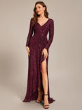 A-Line Sequined V-Neck Long Sleeves Evening Dress with Slit