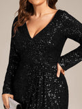 A-Line Sequined V-Neck Long Sleeves Evening Dress with Slit