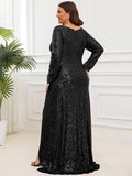 Plus Size A-Line Sequined V-Neck Long Sleeve Evening Dress with Slit