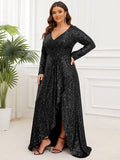 Plus Size A-Line Sequined V-Neck Long Sleeve Evening Dress with Slit
