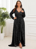 Plus Size A-Line Sequined V-Neck Long Sleeve Evening Dress with Slit