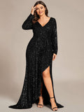 A-Line Sequined V-Neck Long Sleeves Evening Dress with Slit