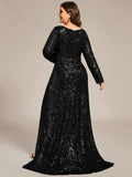 A-Line Sequined V-Neck Long Sleeves Evening Dress with Slit